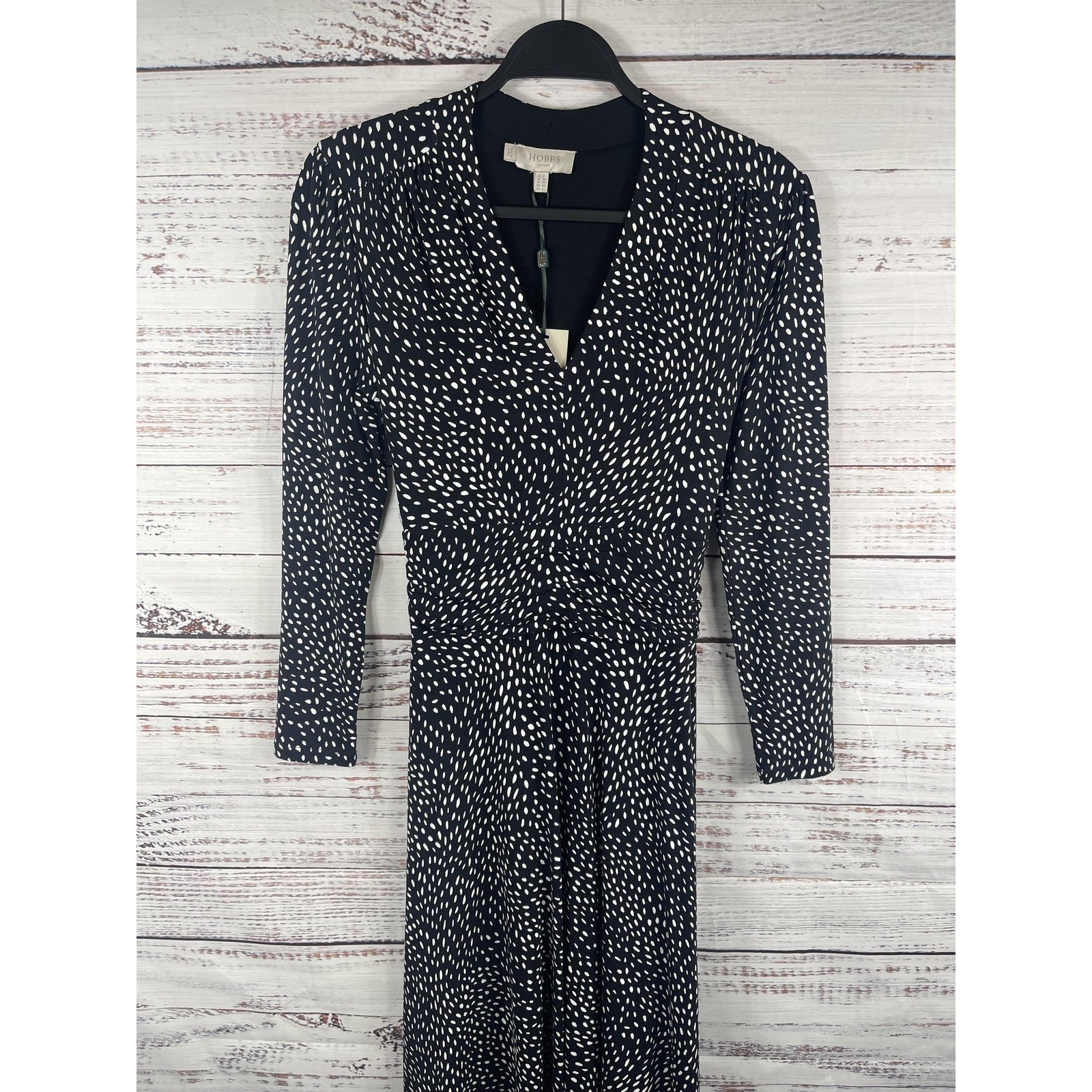 Hobbs Drew Jersey Dress Women's Sz 4 Black White Polka Dot Wrap Midi Long Sleeve — image 2 of 8